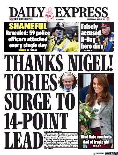 Daily Express (UK) Newspaper Front Page for 13 November 2019