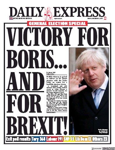 Daily Express (UK) Newspaper Front Page for 13 December 2019