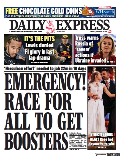 Daily Express (UK) Newspaper Front Page for 13 December 2021