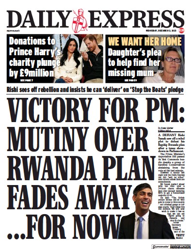 Daily Express Newspaper Front Page for 13 December 2023