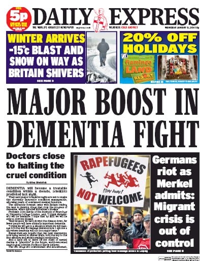 Daily Express Newspaper Front Page for 13 January 2016