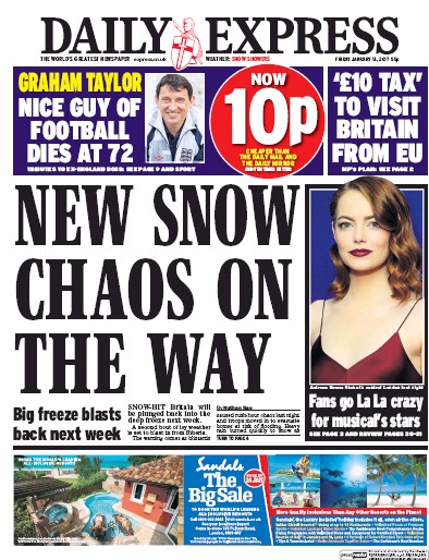 Daily Express (UK) Newspaper Front Page for 13 January 2017