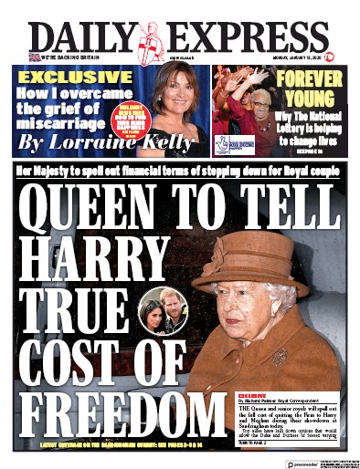 Daily Express Newspaper Front Page for 13 January 2020