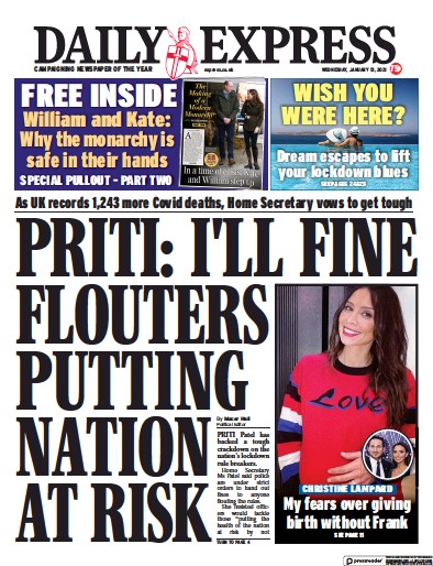 Daily Express Newspaper Front Page for 13 January 2021