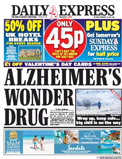 Daily Express Newspaper Front Page for 13 February 2016