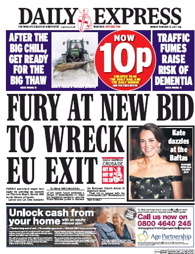 Daily Express (UK) Newspaper Front Page for 13 February 2017