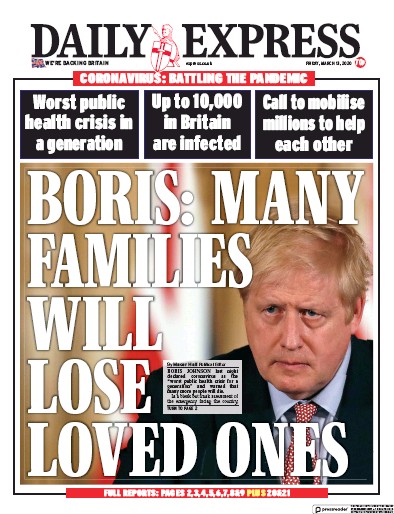 Daily Express Newspaper Front Page for 13 March 2020