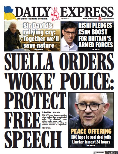 Daily Express (UK) Newspaper Front Page for 13 March 2023