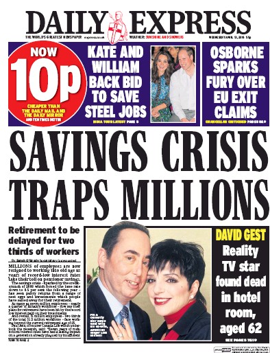 Daily Express Newspaper Front Page for 13 April 2016