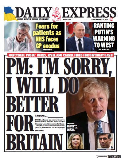 Daily Express Newspaper Front Page for 13 April 2022