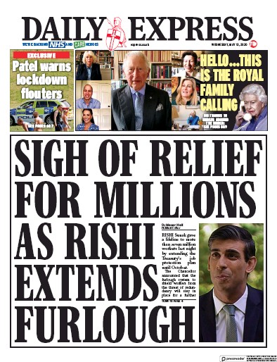 Daily Express Newspaper Front Page for 13 May 2020