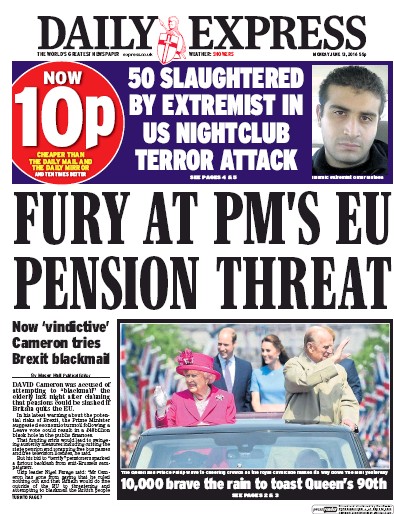 Daily Express Newspaper Front Page for 13 June 2016