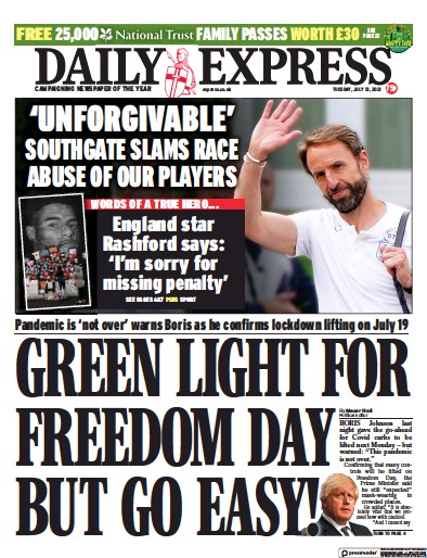 Daily Express (UK) Newspaper Front Page for 13 July 2021