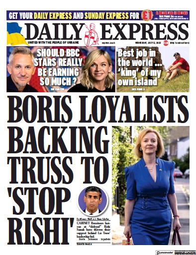 Daily Express Newspaper Front Page for 13 July 2022