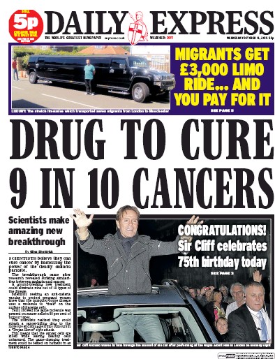Daily Express Newspaper Front Page for 14 October 2015