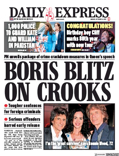 Daily Express Newspaper Front Page for 14 October 2019