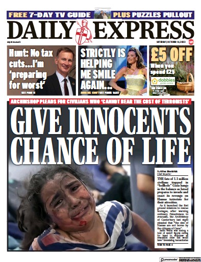 Daily Express (UK) Newspaper Front Page for 14 October 2023