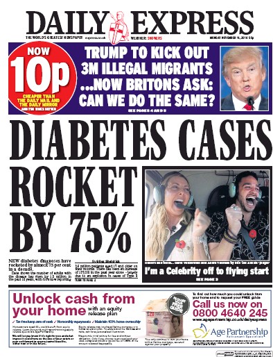 Daily Express Newspaper Front Page for 14 November 2016