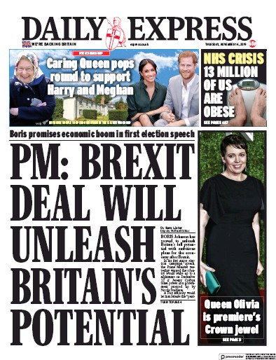Daily Express (UK) Newspaper Front Page for 14 November 2019