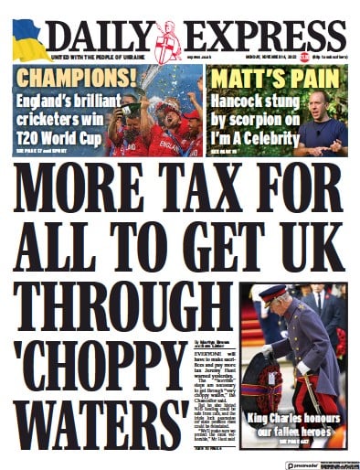 Daily Express (UK) Newspaper Front Page for 14 November 2022