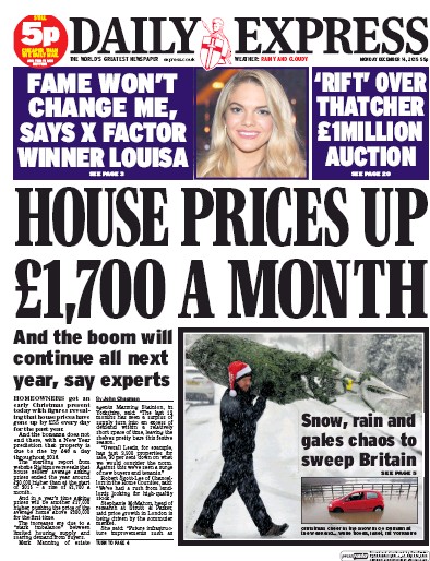 Daily Express (UK) Newspaper Front Page for 14 December 2015