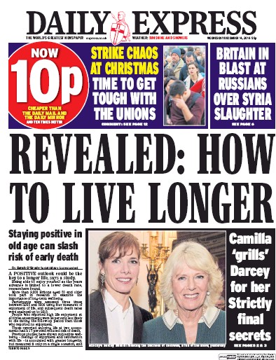 Daily Express Newspaper Front Page for 14 December 2016