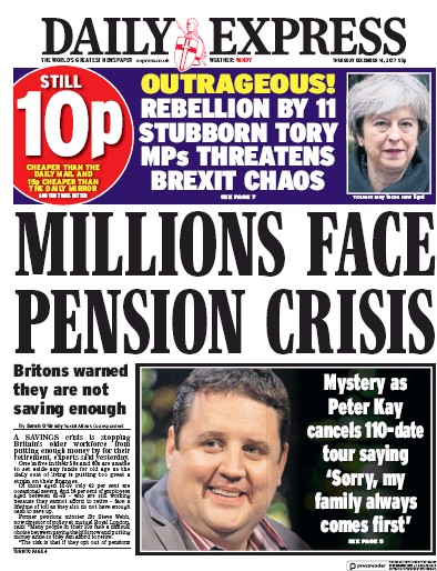 Daily Express Newspaper Front Page for 14 December 2017