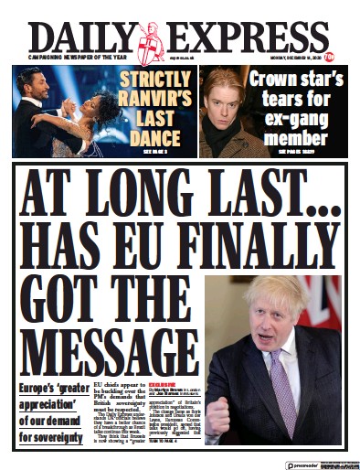 Daily Express Newspaper Front Page for 14 December 2020