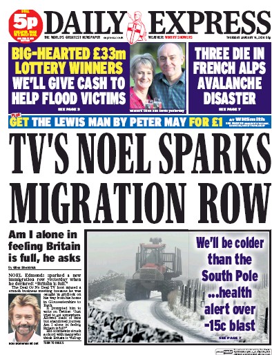 Daily Express Newspaper Front Page for 14 January 2016