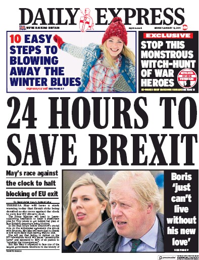 Daily Express Newspaper Front Page for 14 January 2019