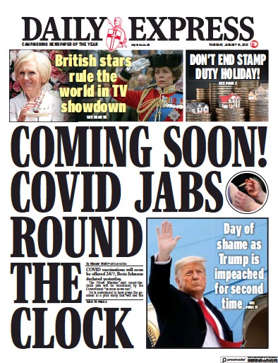 Daily Express Newspaper Front Page for 14 January 2021