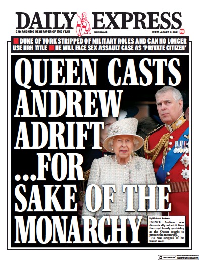 Daily Express (UK) Newspaper Front Page for 14 January 2022