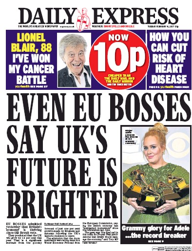 Daily Express (UK) Newspaper Front Page for 14 February 2017