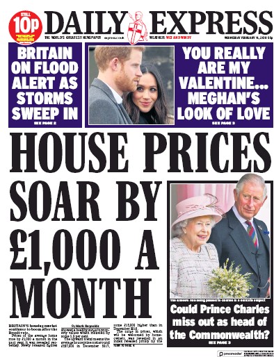 Daily Express Newspaper Front Page for 14 February 2018