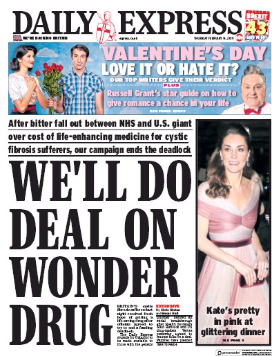 Daily Express Newspaper Front Page for 14 February 2019