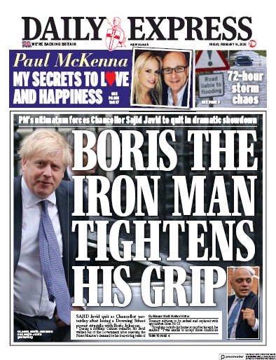 Daily Express Newspaper Front Page for 14 February 2020