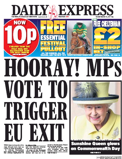 Daily Express Newspaper Front Page for 14 March 2017