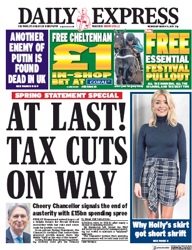 Daily Express Newspaper Front Page for 14 March 2018