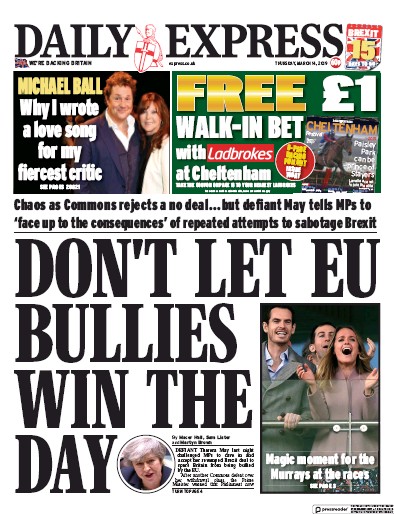 Daily Express (UK) Newspaper Front Page for 14 March 2019