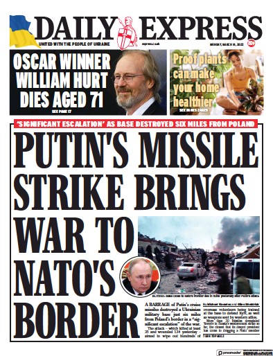 Daily Express Newspaper Front Page for 14 March 2022