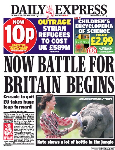 Daily Express Newspaper Front Page for 14 April 2016