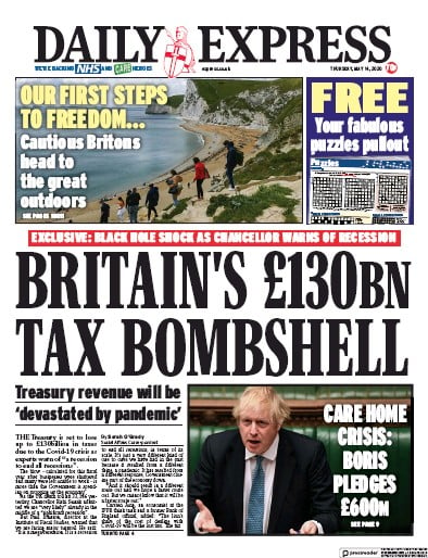 Daily Express Newspaper Front Page for 14 May 2020