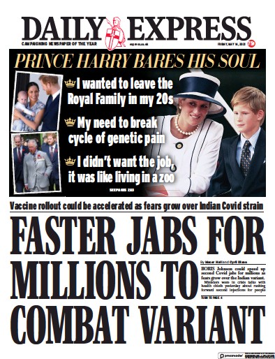 Daily Express Newspaper Front Page for 14 May 2021