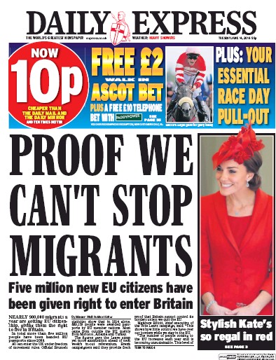 Daily Express (UK) Newspaper Front Page for 14 June 2016