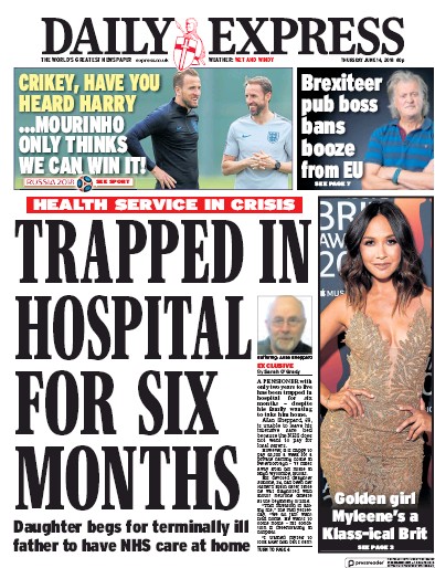 Daily Express (UK) Newspaper Front Page for 14 June 2018