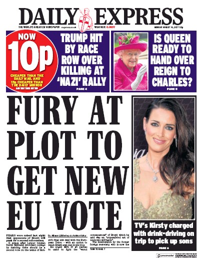 Daily Express (UK) Newspaper Front Page for 14 August 2017