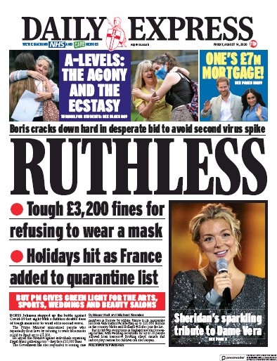 Daily Express (UK) Newspaper Front Page for 14 August 2020