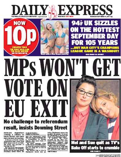 Daily Express Newspaper Front Page for 14 September 2016
