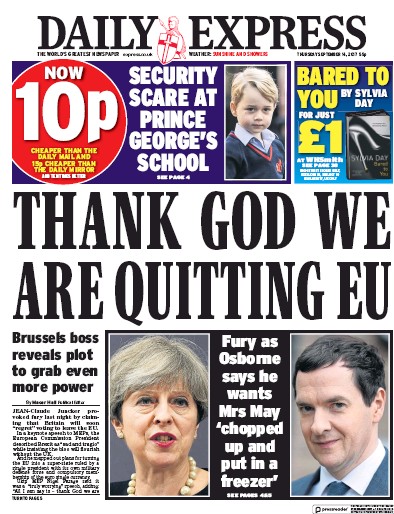 Daily Express (UK) Newspaper Front Page for 14 September 2017