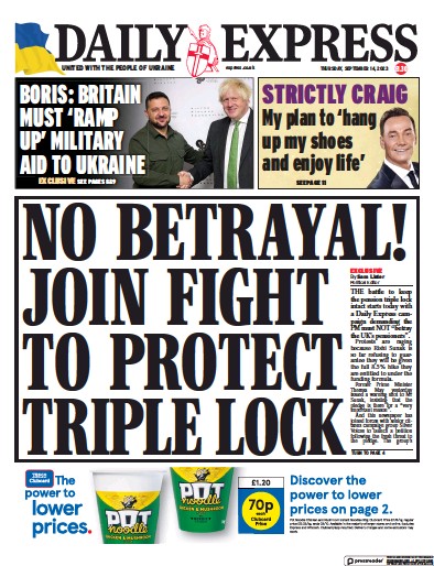 Daily Express (UK) Newspaper Front Page for 14 September 2023